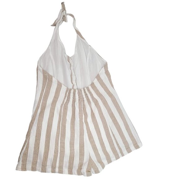 Paradise USA Tan White Striped Linen Halter Neck Romper - Picture 6 of 11